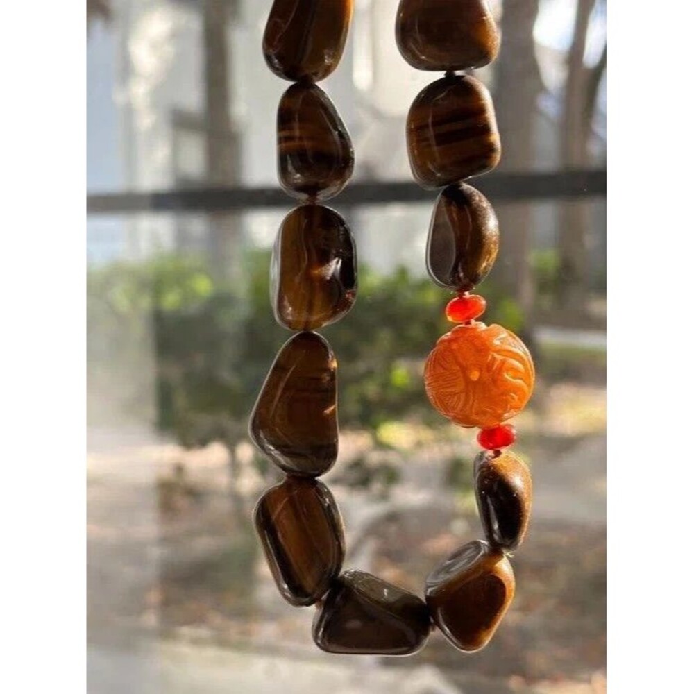 Vintage Sterling Silver Tiger’s Eye Necklace Hand Knotted Shou Bead 17" Chinese - Picture 12 of 16